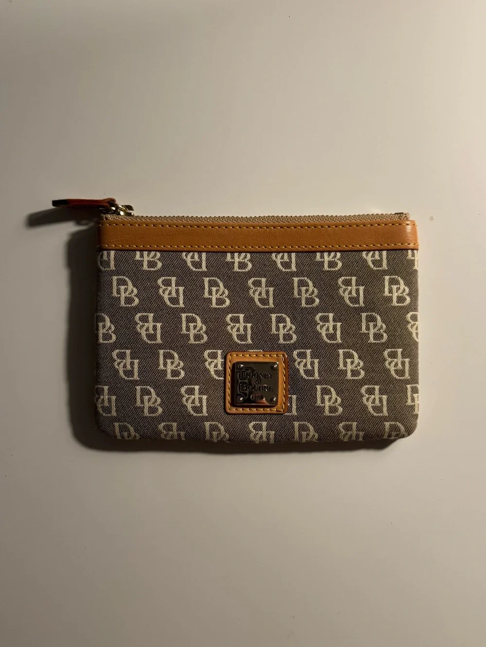 Dooney & Bourke Tan Leather-Trimmed Brown Logo Card Pouch